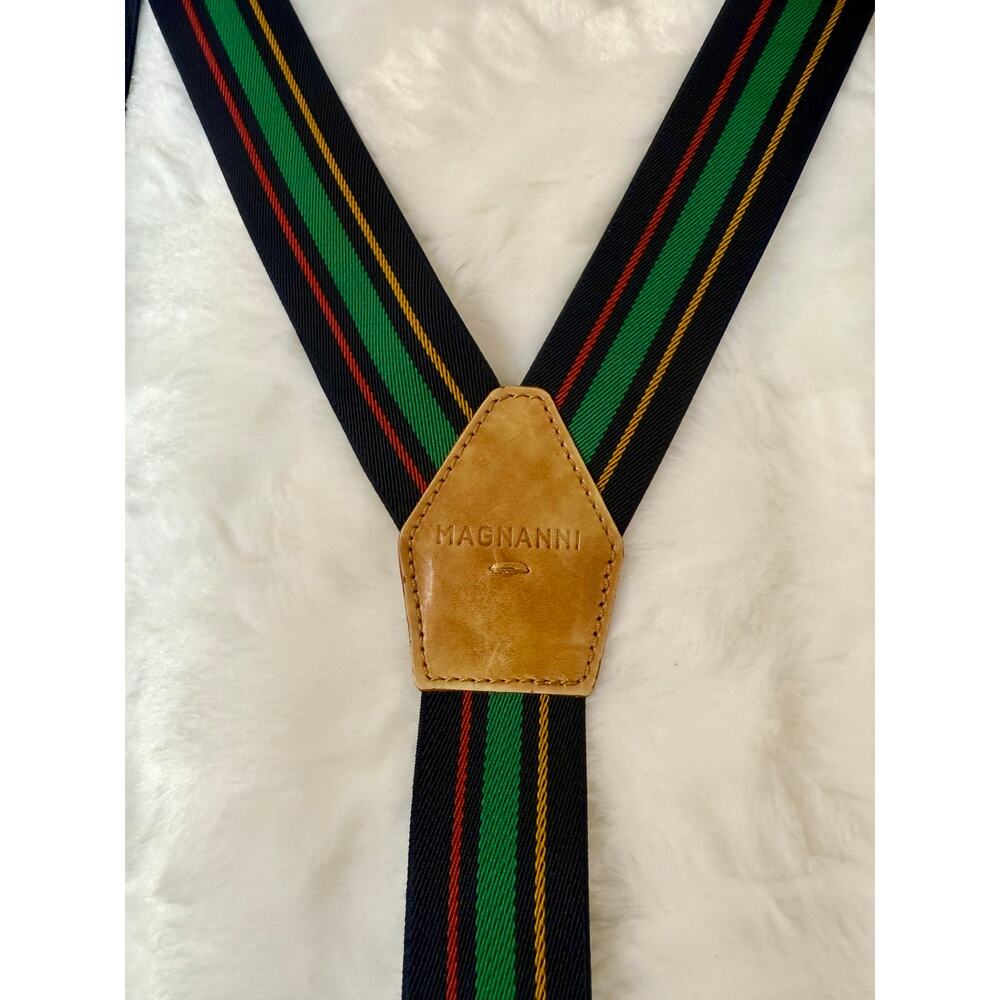 RARE Magnanni Braces Suspenders Leather Made in Spain Navy Blue Stripe Green Red